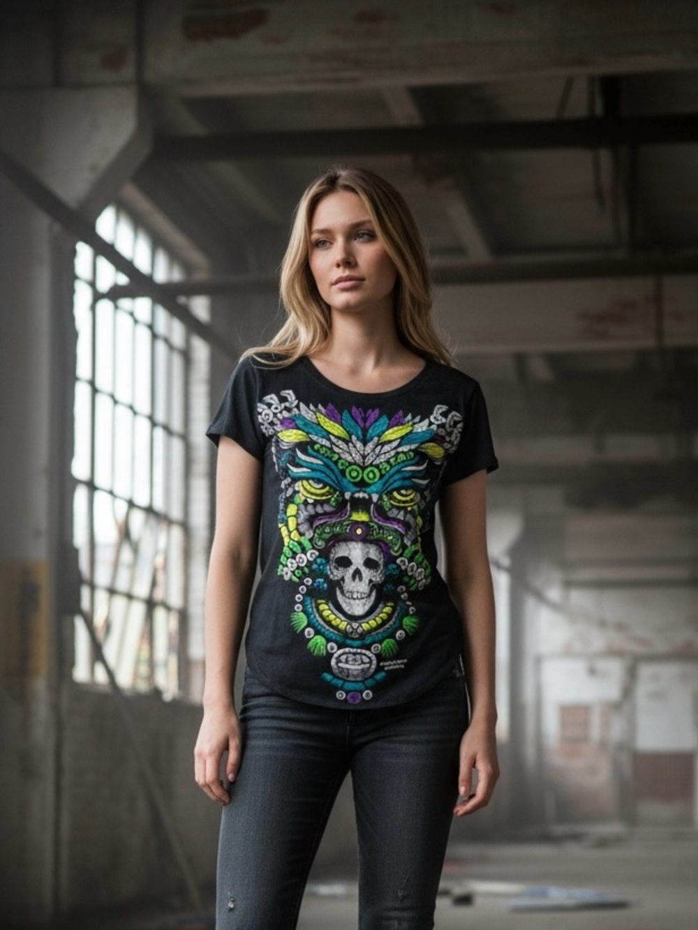 Women's Black Graphic Skull Tee with Multicolor Tribal Print